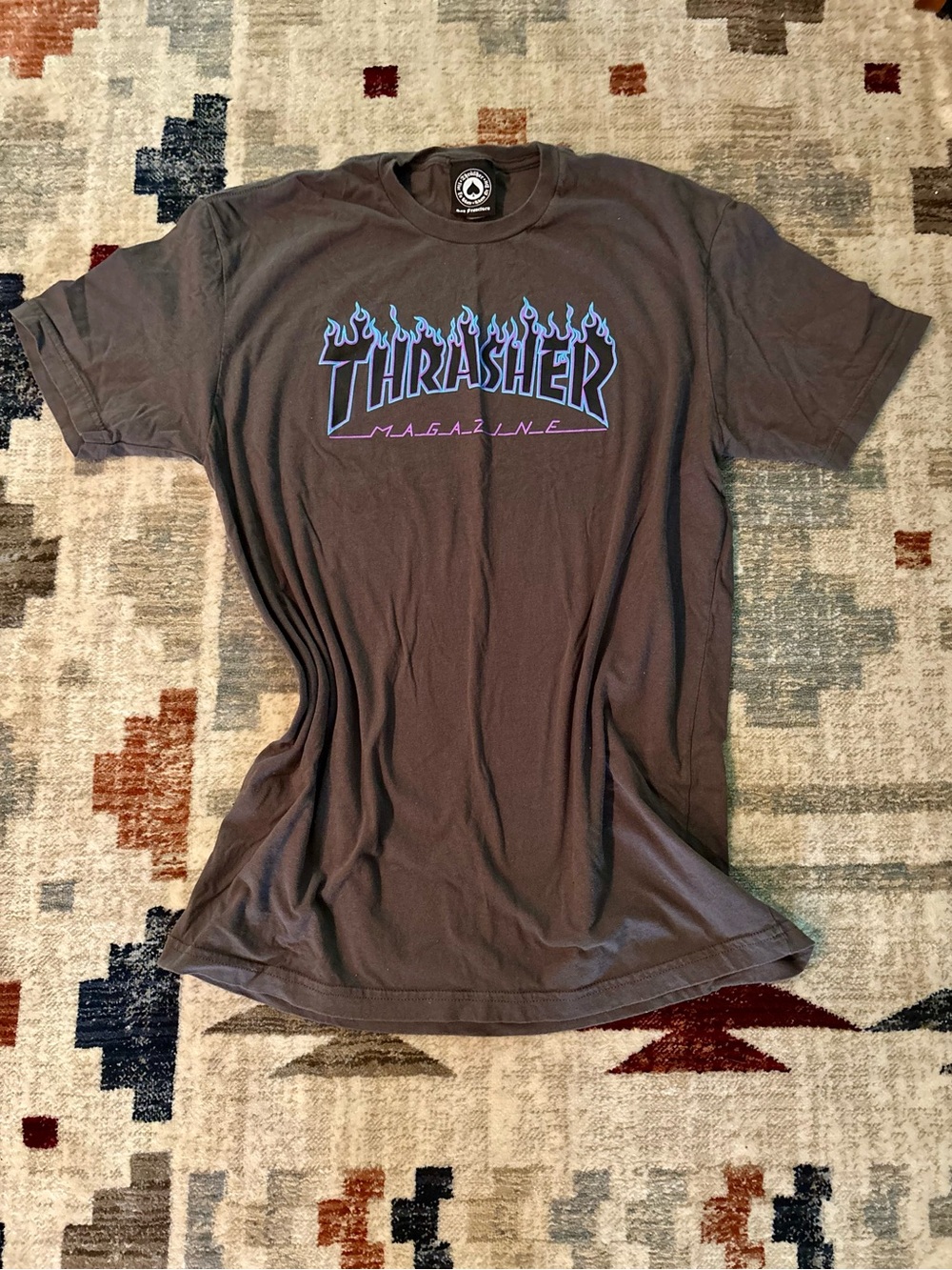 Thrasher Brown Tee with Blue & Purple Flame Logo
